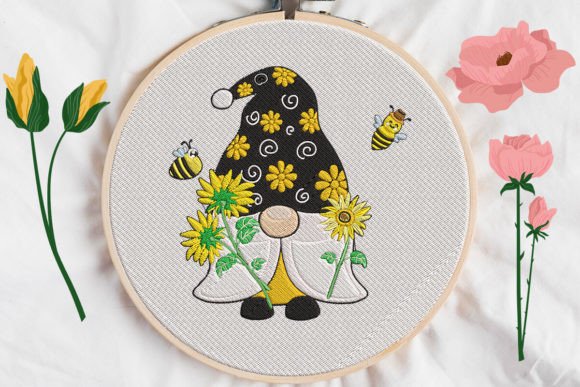 Gnome Sunflower with Bee Embroidery